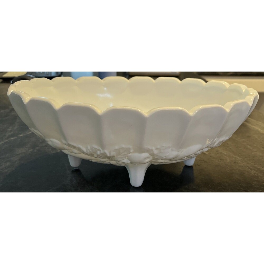 Vintage Indiana Milk Glass Large Oval Embossed Fruit Footed  Bowl 12.25" x 4.5"